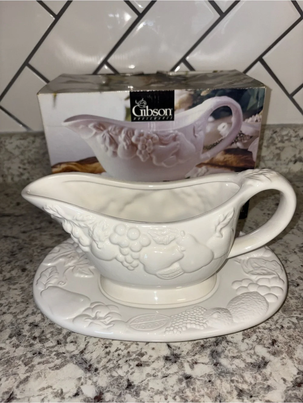 Vintage 1997 Gibson White Fruitful Embossed 1 3/4 Gravy Boat with Saucer Plate